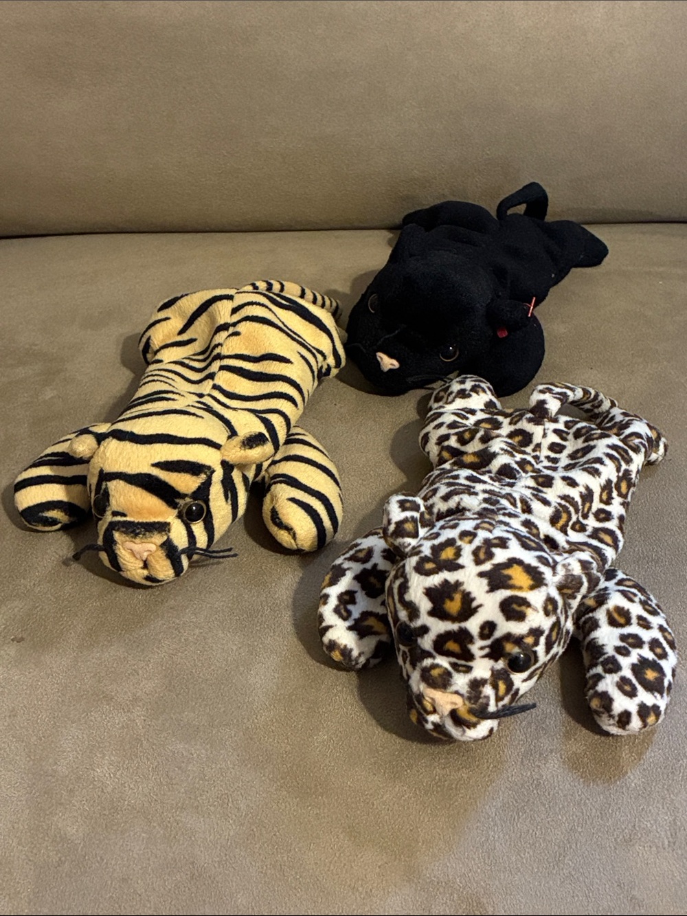 Plush Animal Trio - Black, Yellow Tiger Stripe, and Leopard Print Soft Toys